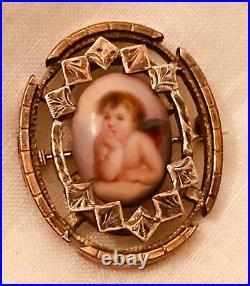 Antique Victorian Cameo Gold Hand Painted Enamel Porcelain Brooch Cherub Pin