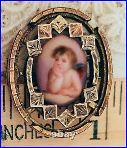 Antique Victorian Cameo Gold Hand Painted Enamel Porcelain Brooch Cherub Pin