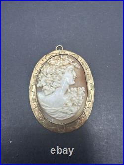 Antique Victorian Cameo Hand Carved 10K Gold Etched Brooch, Very Detailed Grapes