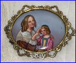 Antique Victorian Cameo Miniature Portrait Brooch Hand Paint Porcelain Child Pin
