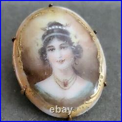 Antique Victorian Cameo Miniature Portrait Brooch Hand Painted Porcelain Pin