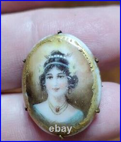 Antique Victorian Cameo Miniature Portrait Brooch Hand Painted Porcelain Pin