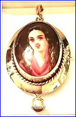 Antique Victorian Cameo Pendant Portrait 9k Gold Hand Painted Porcelain Brooch