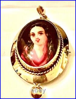 Antique Victorian Cameo Pendant Portrait 9k Gold Hand Painted Porcelain Brooch