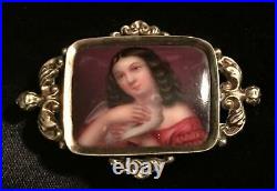 Antique Victorian Cameo Portrait Brooch12k Gold Hand Painted Girl Dove Georgian