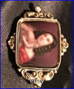 Antique Victorian Cameo Portrait Brooch12k Gold Hand Painted Girl Dove Georgian