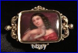 Antique Victorian Cameo Portrait Brooch 12k Gold Hand Painted Girl Dove Georgian