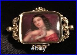 Antique Victorian Cameo Portrait Brooch 12k Gold Hand Painted Girl Dove Georgian