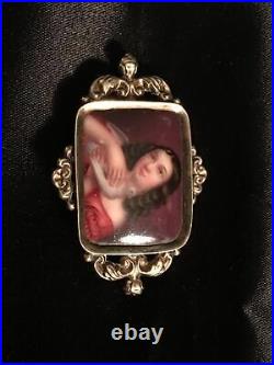 Antique Victorian Cameo Portrait Brooch 12k Gold Hand Painted Girl Dove Georgian