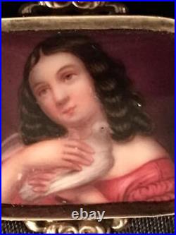 Antique Victorian Cameo Portrait Brooch 12k Gold Hand Painted Girl Dove Georgian