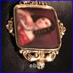 Antique Victorian Cameo Portrait Brooch 12k Gold Hand Painted Girl Dove Georgian