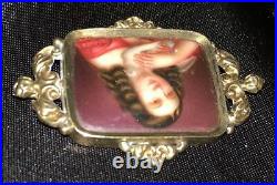 Antique Victorian Cameo Portrait Brooch 12k Gold Hand Painted Girl Dove Georgian