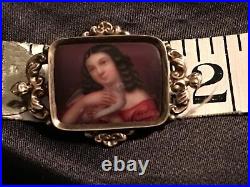 Antique Victorian Cameo Portrait Brooch 12k Gold Hand Painted Girl Dove Georgian