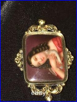 Antique Victorian Cameo Portrait Brooch 12k Gold Hand Painted Girl Dove Georgian