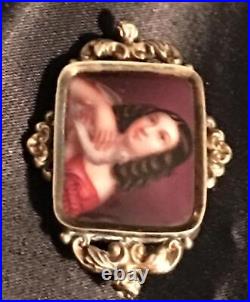 Antique Victorian Cameo Portrait Brooch 12k Gold Hand Painted Girl Dove Georgian