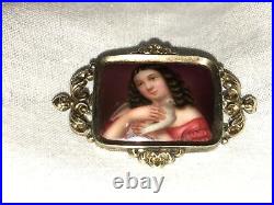 Antique Victorian Cameo Portrait Brooch 12k Gold Hand Painted Girl Dove Georgian