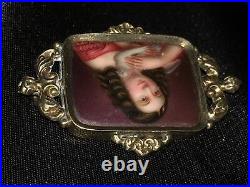 Antique Victorian Cameo Portrait Brooch 12k Gold Hand Painted Girl Dove Georgian