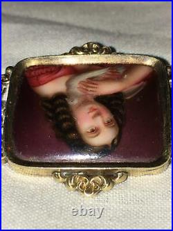 Antique Victorian Cameo Portrait Brooch 12k Gold Hand Painted Girl Dove Georgian