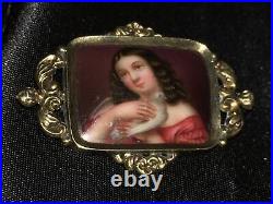 Antique Victorian Cameo Portrait Brooch 12k Gold Hand Painted Girl Dove Georgian