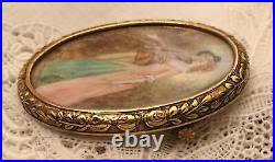 Antique Victorian Cameo Portrait Brooch Courting Couple Gold Hand Painted