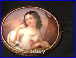Antique Victorian Cameo Portrait Brooch Courting Couple Gold Hand Painted