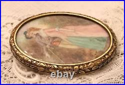 Antique Victorian Cameo Portrait Brooch Courting Couple Roses Gold Hand Painted