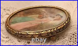 Antique Victorian Cameo Portrait Brooch Courting Couple Roses Gold Hand Painted