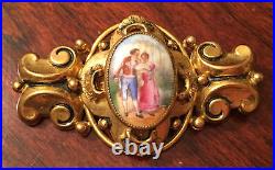 Antique Victorian Cameo Portrait Brooch Gold Gilt Hand Painted Porcelain Pin