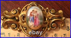 Antique Victorian Cameo Portrait Brooch Gold Gilt Hand Painted Porcelain Pin