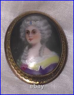 Antique Victorian Cameo Portrait Brooch Hand Painte French Porcelain Pendant Pin