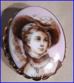 Antique Victorian Cameo Portrait Brooch Hand Painted Pink late 19th century F/S