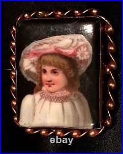 Antique Victorian Cameo Portrait Brooch Hand Painted Porcelain Gold Enamel Pin