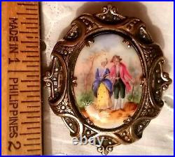 Antique Victorian Cameo Portrait Brooch Hand Painted Porcelain Ornate Brass Pin