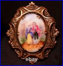 Antique Victorian Cameo Portrait Brooch Hand Painted Porcelain Ornate Brass Pin