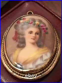Antique Victorian Cameo Portrait Brooch Hand Painted Porcelain Pendant Pin Gold
