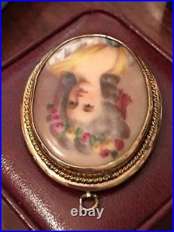Antique Victorian Cameo Portrait Brooch Hand Painted Porcelain Pendant Pin Gold