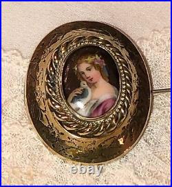Antique Victorian Cameo Portrait Brooch Lady Bird Hand Painted Porcelain Gold