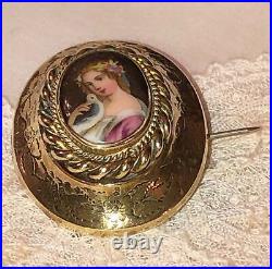 Antique Victorian Cameo Portrait Brooch Lady Bird Hand Painted Porcelain Gold
