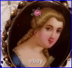 Antique Victorian Cameo Portrait Brooch Porcelain Hand Painted Pin Vtg Gold 11k