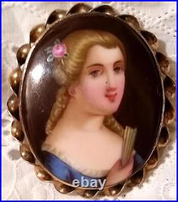 Antique Victorian Cameo Portrait Brooch Porcelain Hand Painted Pin Vtg Gold 11k