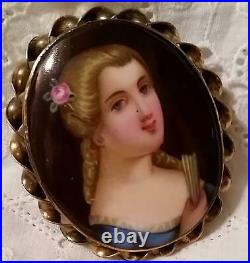 Antique Victorian Cameo Portrait Brooch Porcelain Hand Painted Pin Vtg Gold 11k