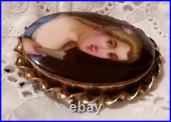Antique Victorian Cameo Portrait Brooch Porcelain Hand Painted Pin Vtg Gold 11k