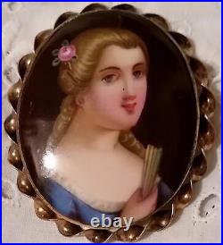 Antique Victorian Cameo Portrait Brooch Porcelain Hand Painted Pin Vtg Gold 11k