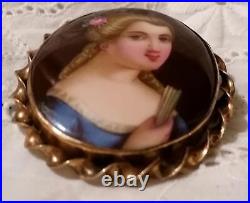 Antique Victorian Cameo Portrait Brooch Porcelain Hand Painted Pin Vtg Gold 11k