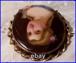 Antique Victorian Cameo Portrait Brooch Porcelain Hand Painted Pin Vtg Gold 11k