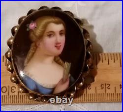 Antique Victorian Cameo Portrait Brooch Porcelain Hand Painted Pin Vtg Gold 11k