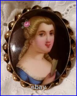 Antique Victorian Cameo Portrait Brooch Porcelain Hand Painted Pin Vtg Gold 11k