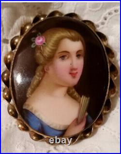 Antique Victorian Cameo Portrait Brooch Porcelain Hand Painted Pin Vtg Gold 11k