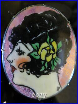 Antique Victorian Cameo Portrait Brooch Signed Hand Painted Woman's Face C Catch
