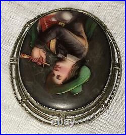 Antique Victorian Cameo Portrait Brooch Sterling Silver Tyrolean Boy Hand Paint